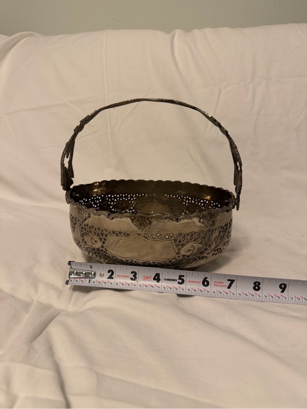 Ornate Silver Decorative Handled Basket - Accent Serving Bowl